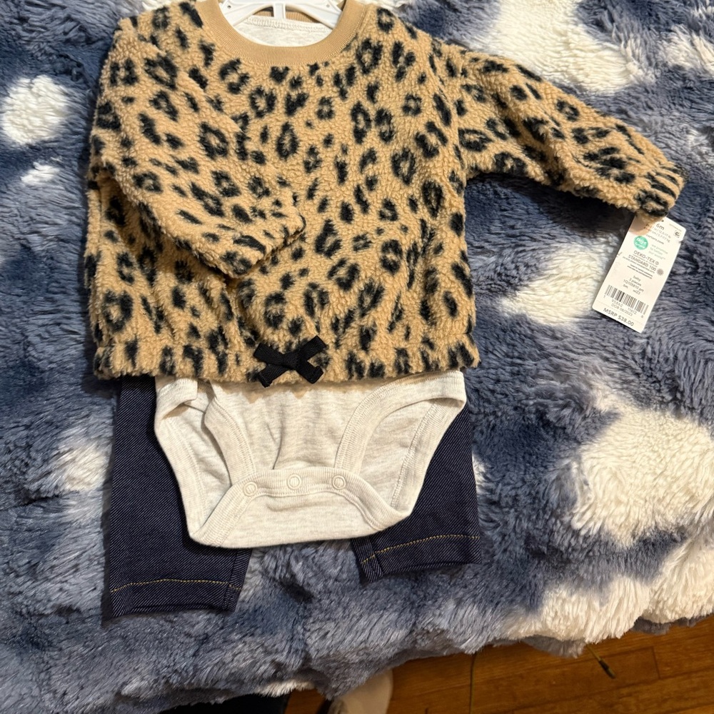 Carter's Tan and Black Leopard Baby Sweater with onesie and pants